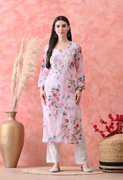 Floral Print Mulmul Pure Cotton Lucknow Chikankari Kurta - Pink