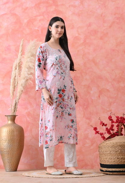 Floral Print Mulmul Pure Cotton Lucknow Chikankari Kurta - Pink