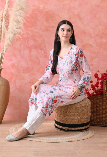 Floral Print Mulmul Pure Cotton Lucknow Chikankari Kurta - Pink