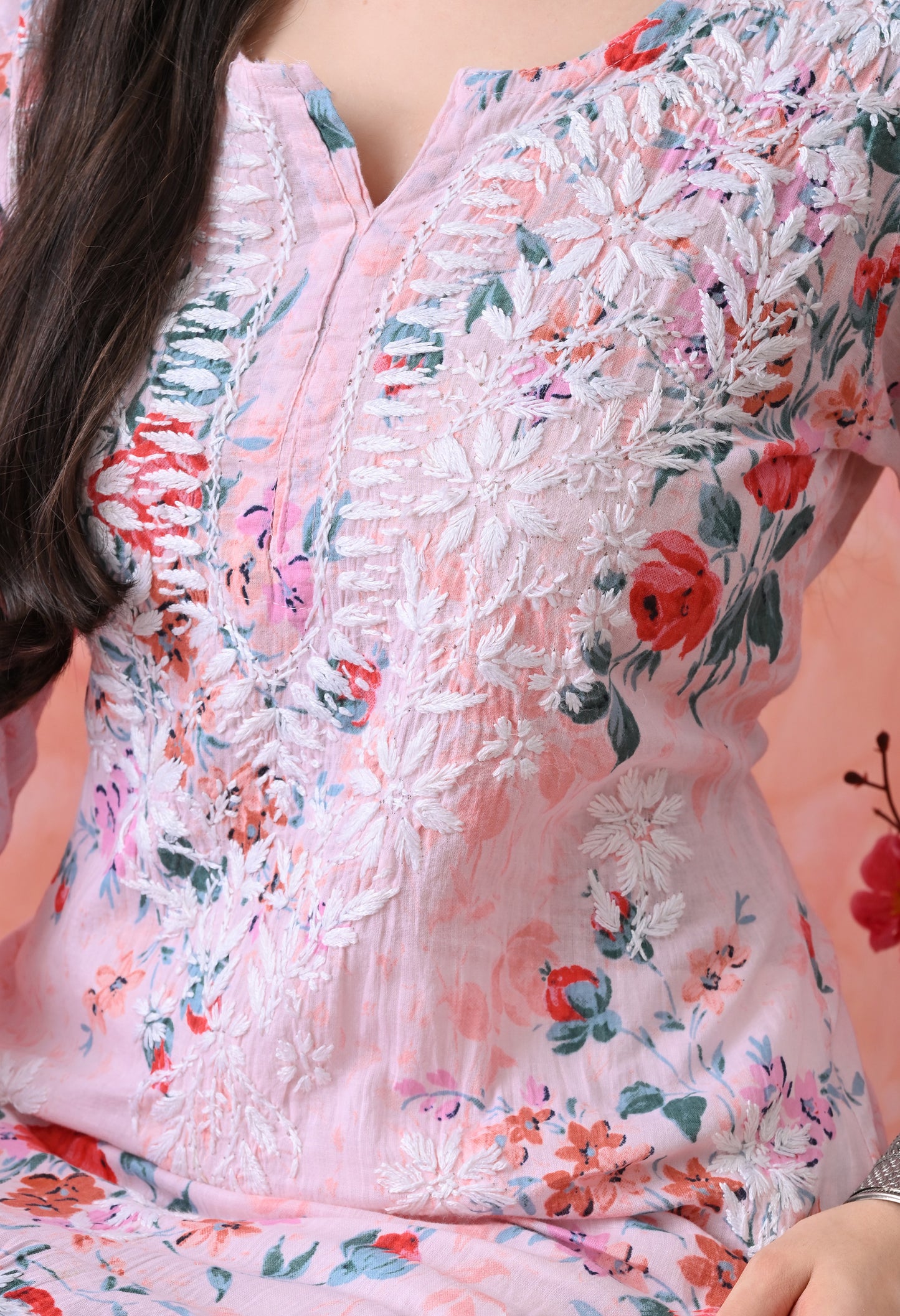 Floral Print Mulmul Pure Cotton Lucknow Chikankari Kurta - Pink