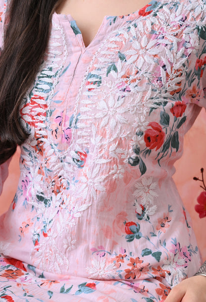 Floral Print Mulmul Pure Cotton Lucknow Chikankari Kurta - Pink