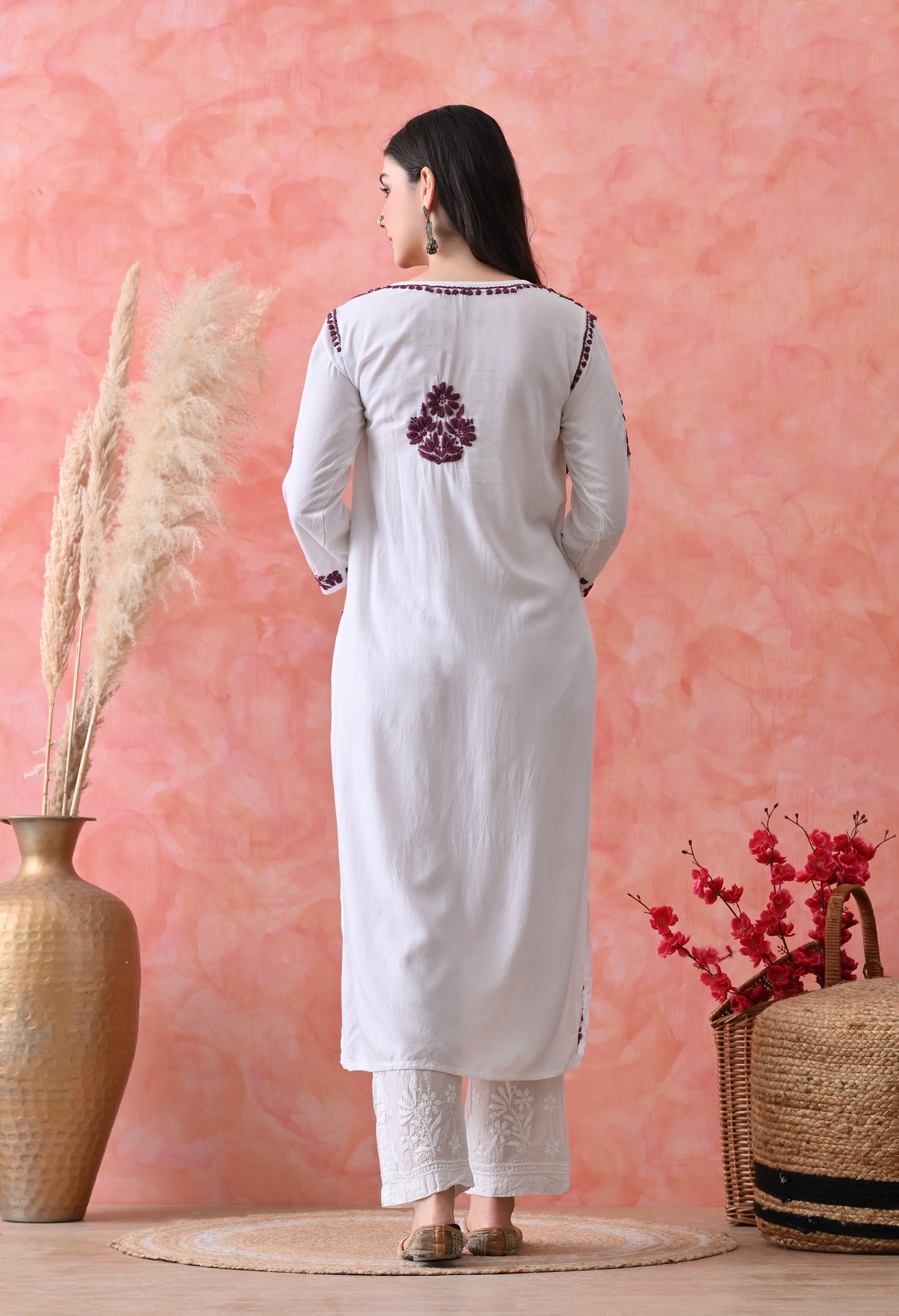 Hand Embroidered Rayon Kurta Wine Colour Work