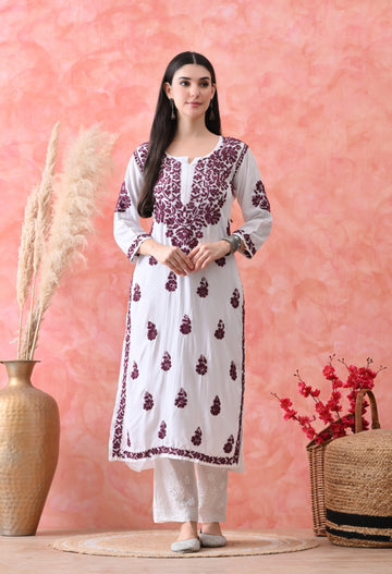Hand Embroidered Rayon Kurta Wine Colour Work