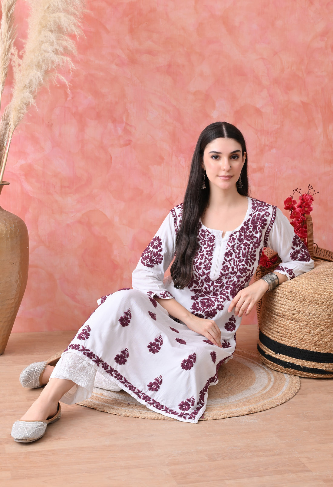 Hand Embroidered Rayon Kurta Wine Colour Work