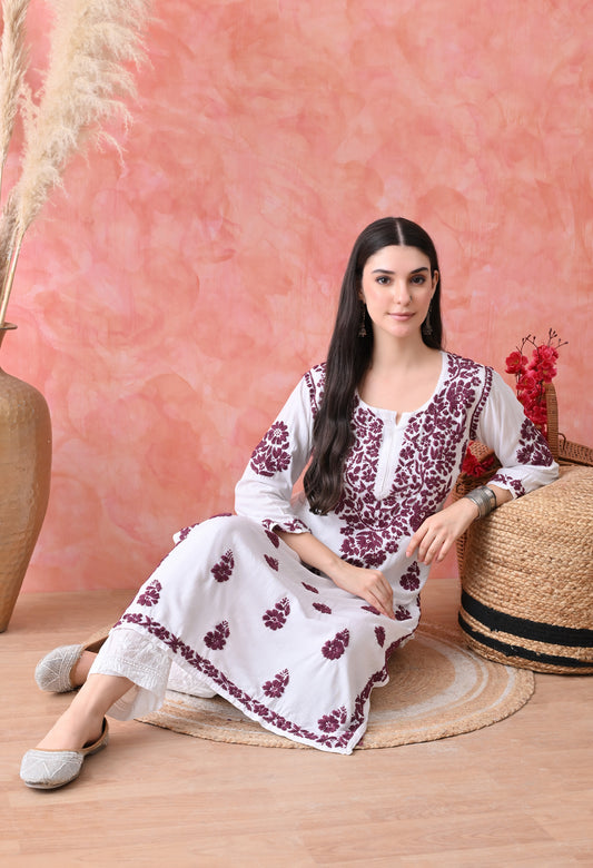 Hand Embroidered Rayon Kurta Wine Colour Work