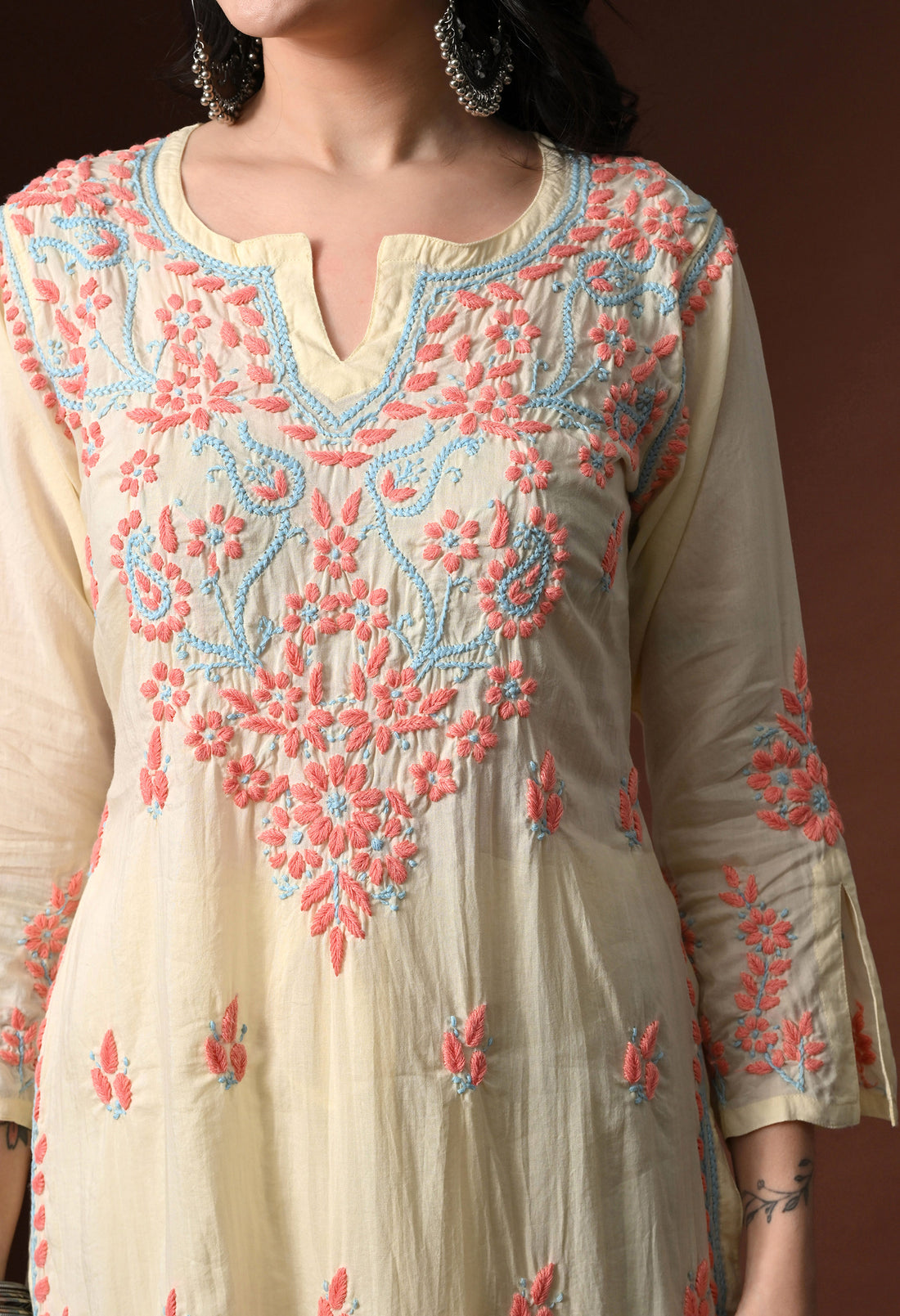 Hand Embroidered Chikankari Modal Kurta Pant Set for Women – Yellow & Pink Embroidery