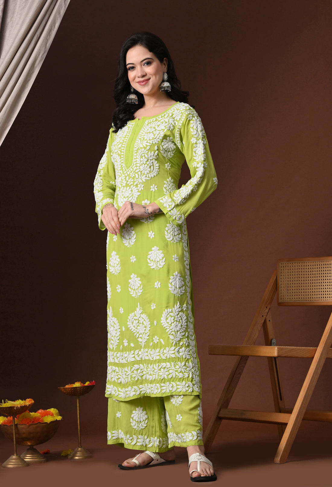 Hand Embroidered Chikankari Modal Kurta Palazzo Set for Women – Green