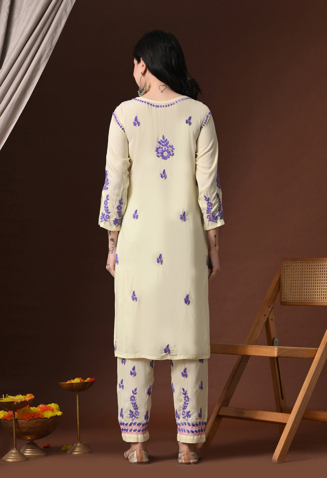 Hand Embroidered Chikankari Modal Kurta Pant Set for Women – Yellow & Sky Blue Embroidery