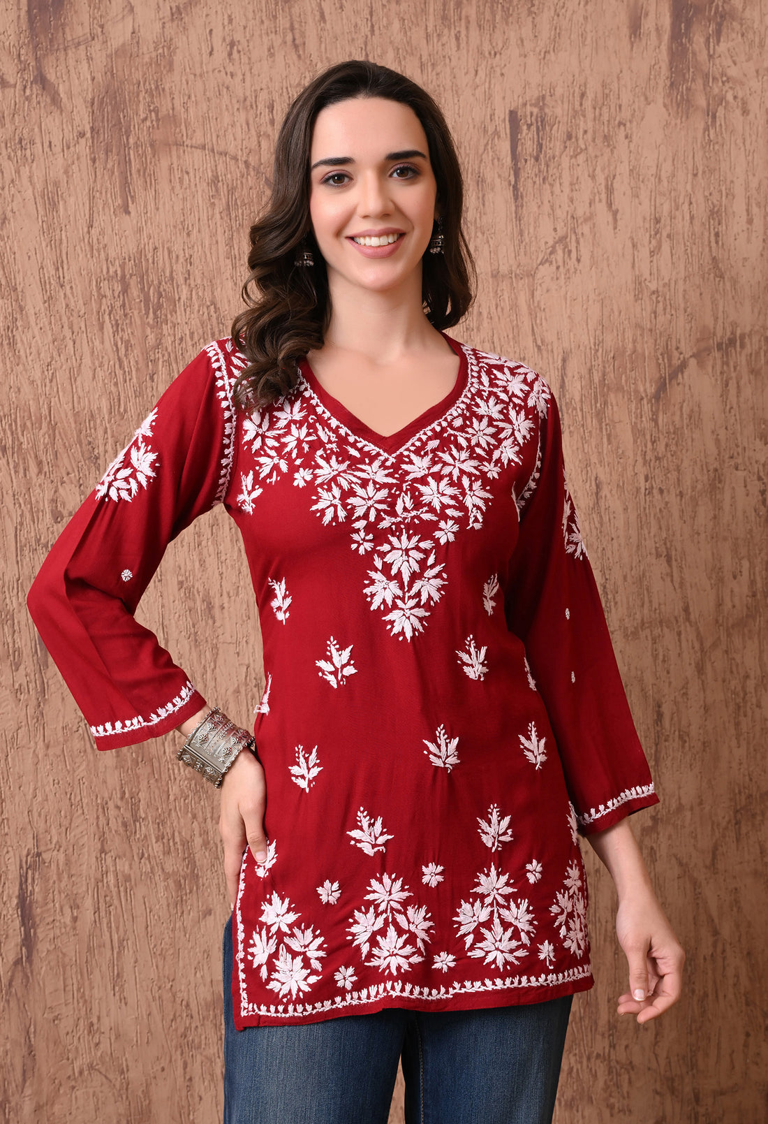 Maroon Elegant Hand-Embroidered Chikankari Floral Lucknowi Kurti