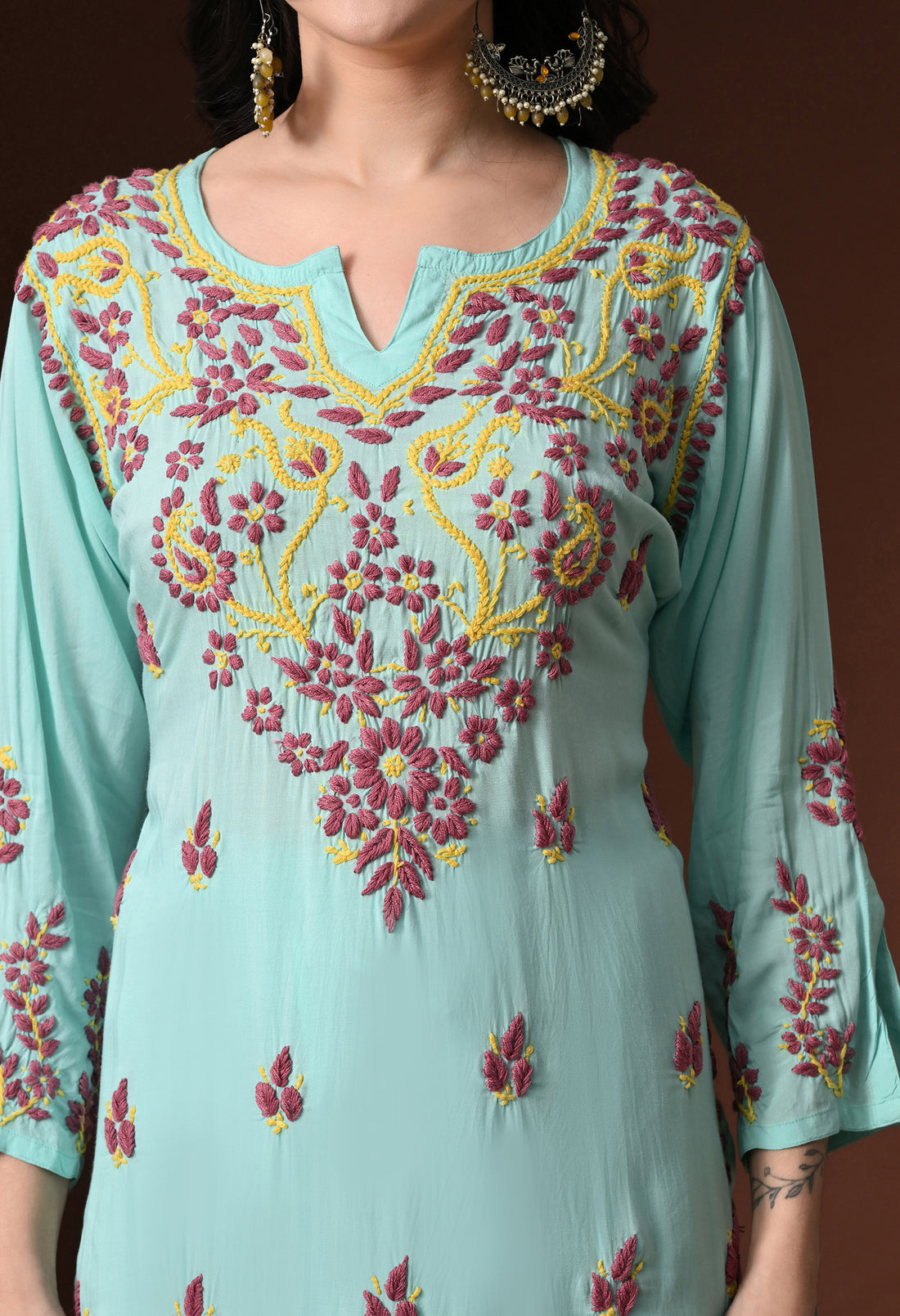 Hand Embroidered Chikankari Modal Kurta Pant Set for Women – Green