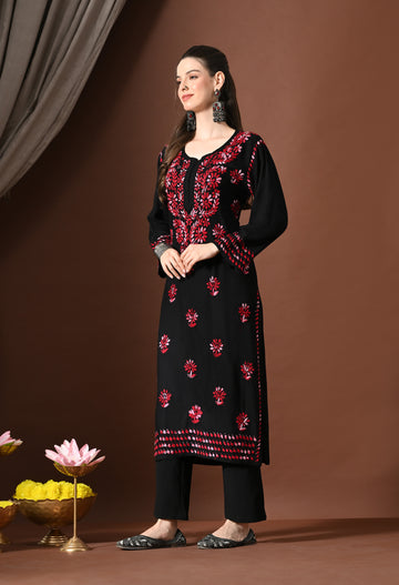 Syrish Elegance Handcrafted Rayon Chikankari Set – Red