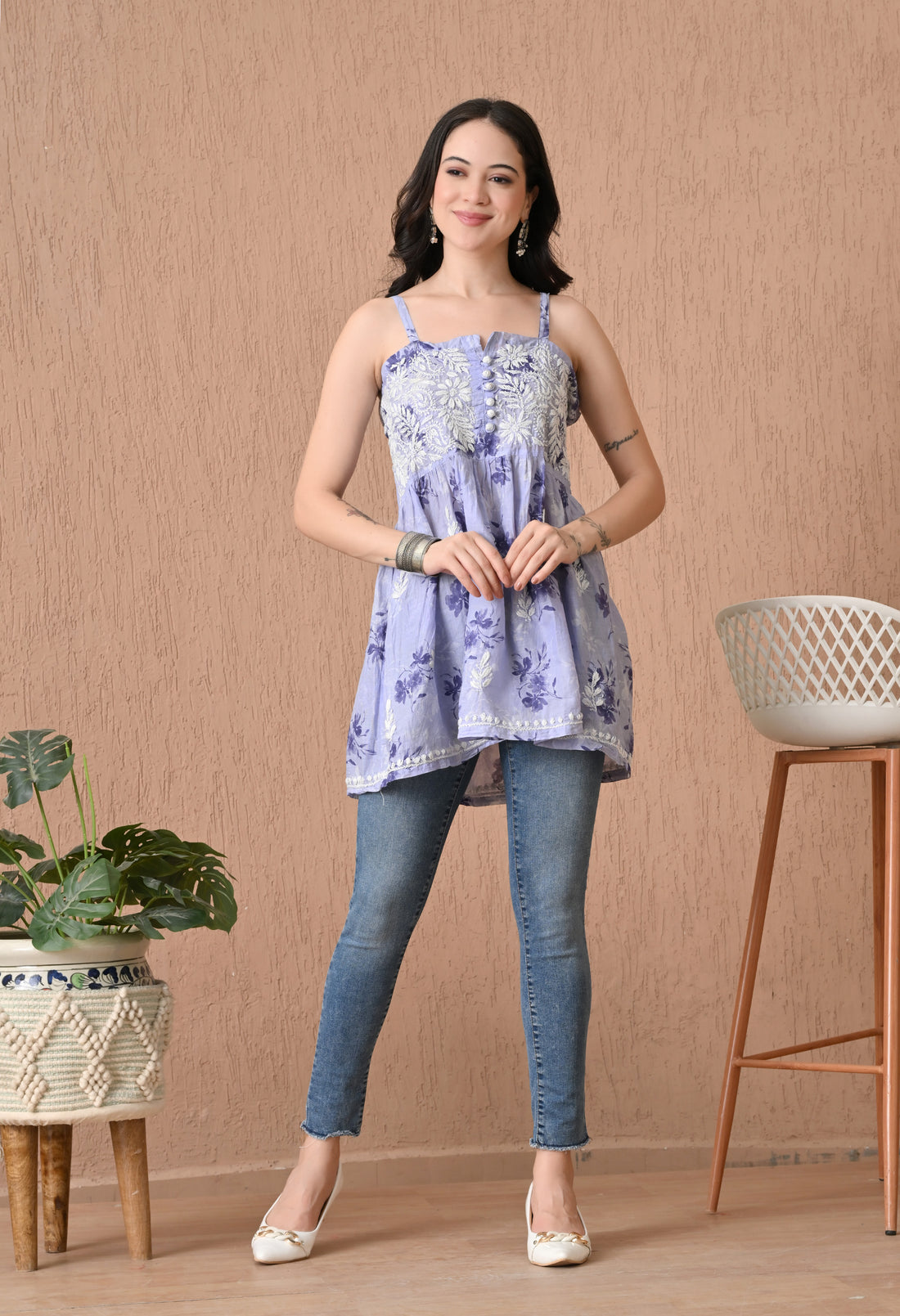 Mulmul Noodle Strap Chikankari Top