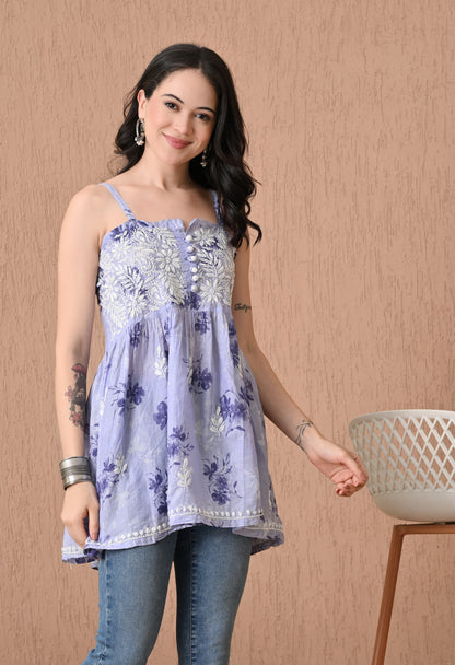 Mulmul Noodle Strap Chikankari Top