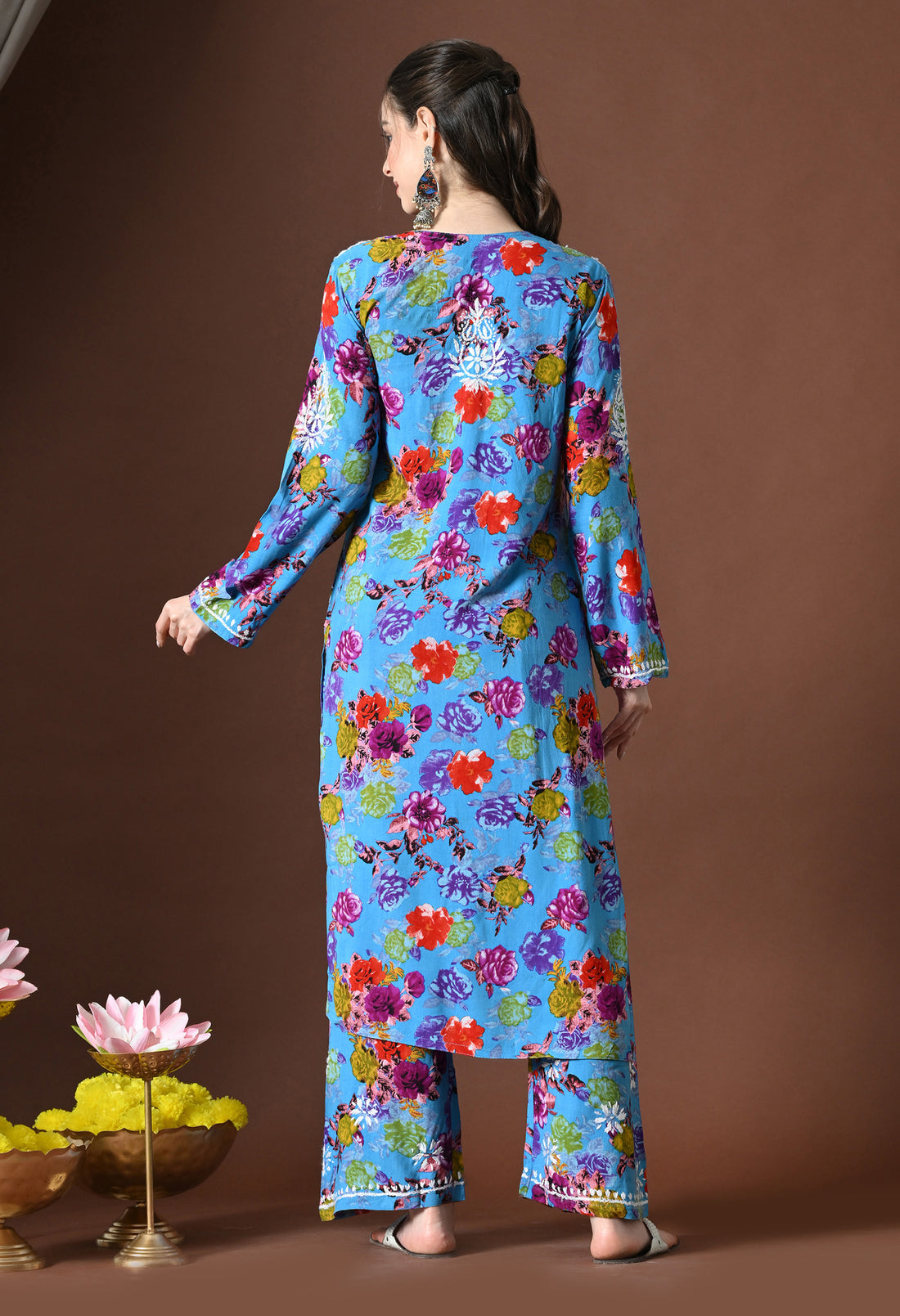 Blue Paradise Floral Chikankari Kurta with Pants