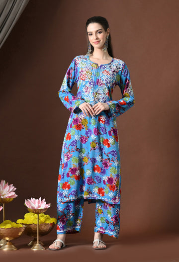 Blue Paradise Floral Chikankari Kurta with Pants