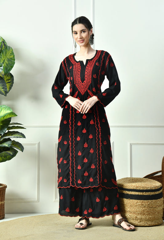 Black Beauty Vibrant Chikankari Set- Red