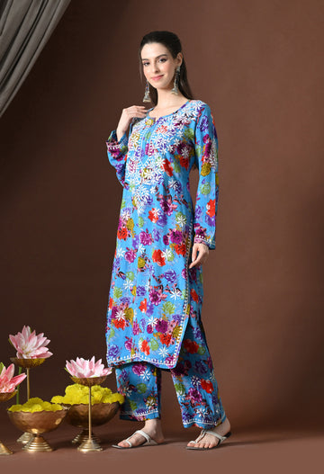 Floral Bliss Hand-Embroidered Rayon Chikankari Set – Blue, White & Pink