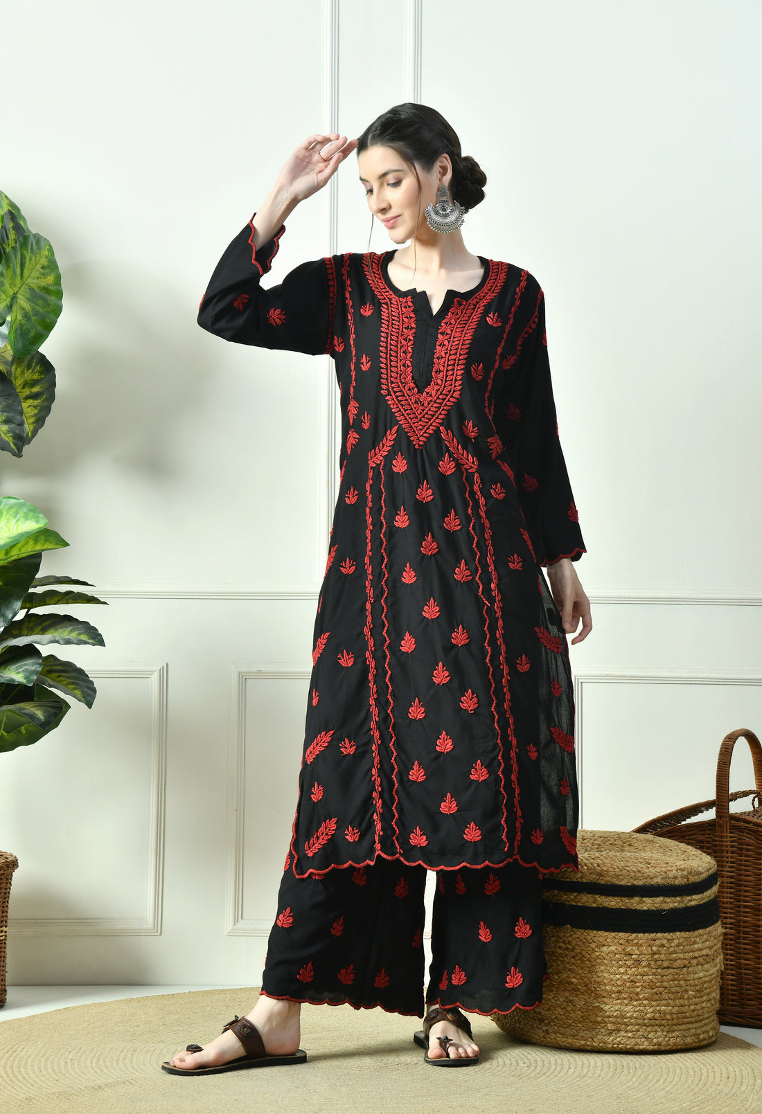 Black Beauty Vibrant Chikankari Set- Red