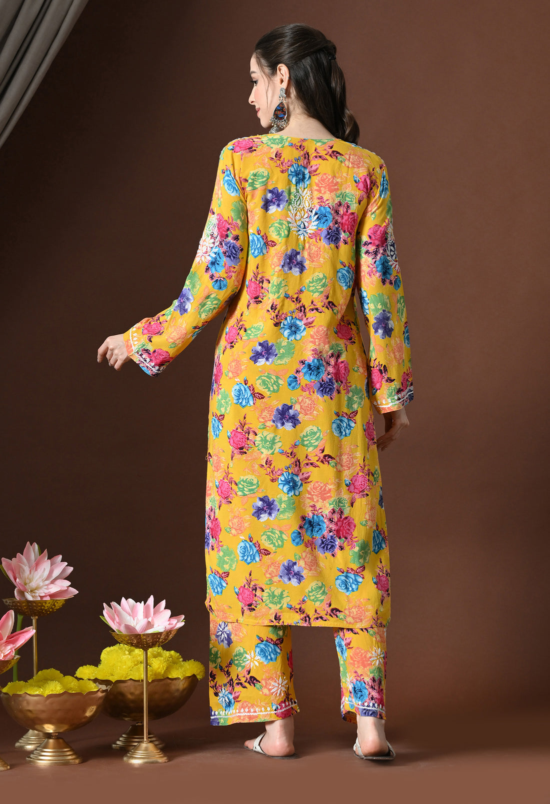 Floral Bliss Hand-Embroidered Rayon Chikankari Set – Yellow, Blue & Pink