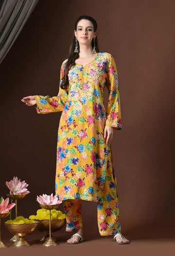 Floral Bliss Hand-Embroidered Rayon Chikankari Set – Yellow, Blue & Pink