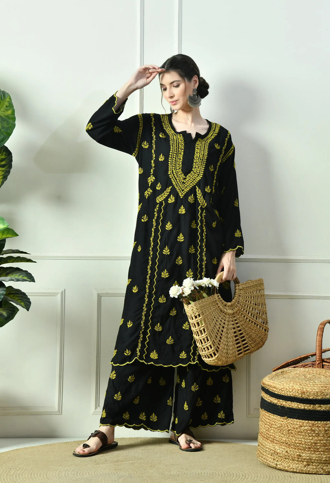 Black Beauty Vibrant Chikankari Set – Black & Green