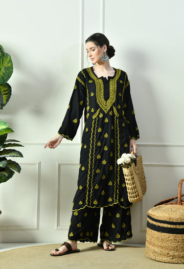 Black Beauty Vibrant Chikankari Set – Black & Green
