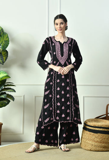 Black Beauty Vibrant Chikankari Set – Black & pink