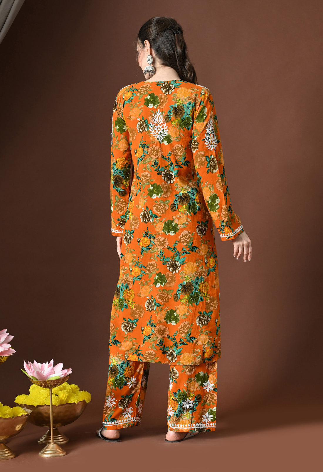 Floral Bliss Hand-Embroidered Rayon Chikankari Set – Orange, White & Green