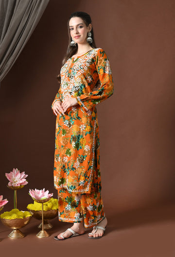 Floral Bliss Hand-Embroidered Rayon Chikankari Set – Orange, White & Green