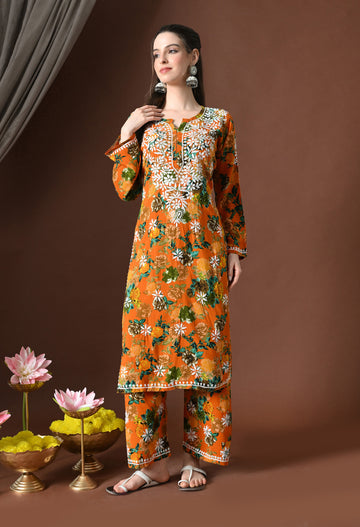 Saffron Blossom Printed Rayon Chikankari Kurta with Pants