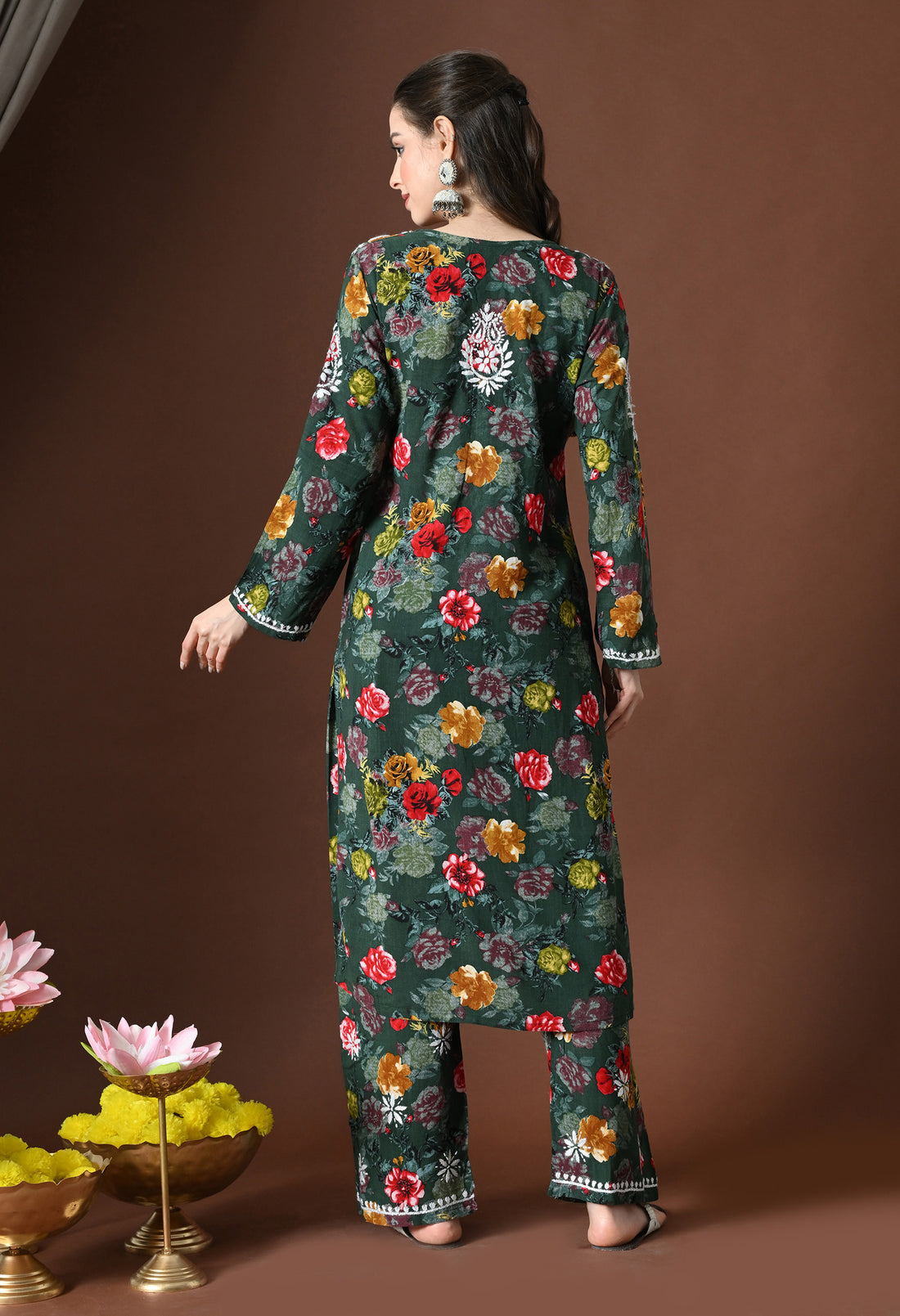 Olive Charm Rayon Floral Chikankari Set