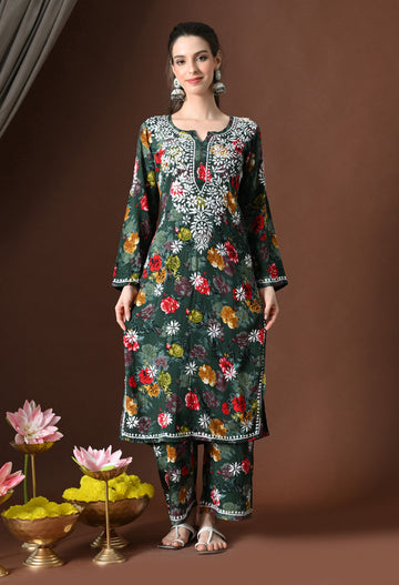 Olive Charm Rayon Floral Chikankari Set
