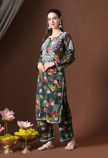 Floral Bliss Hand-Embroidered Rayon Chikankari Set – Green, White & Red