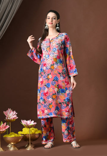 Rosy Meadow Printed Rayon Chikankari Suit Set