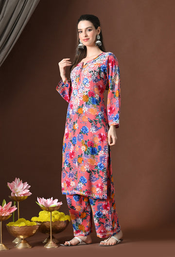 Floral Bliss Hand-Embroidered Rayon Chikankari Set – Pink