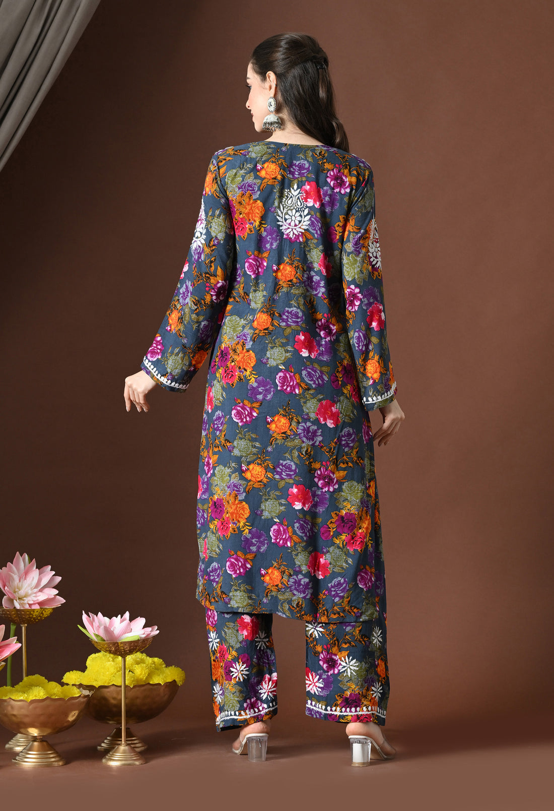 Floral Bliss Hand-Embroidered Rayon Chikankari Set – Navy Blue, Pink & Orange
