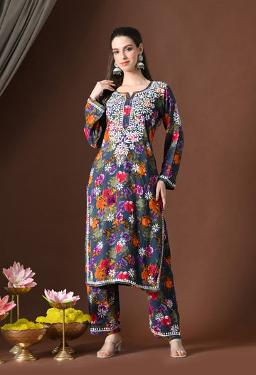 Midnight Grey Rayon Chikankari Kurta Set