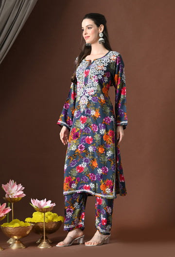 Floral Bliss Hand-Embroidered Rayon Chikankari Set – Navy Blue, Pink & Orange