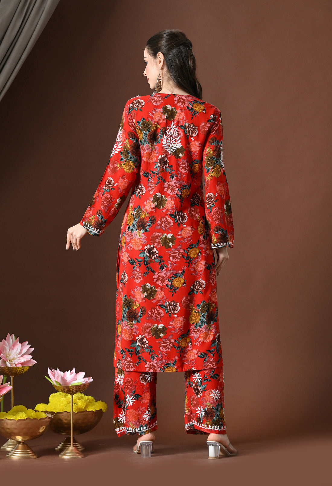 Floral Bliss Hand-Embroidered Rayon Chikankari Set – Red, White & Green