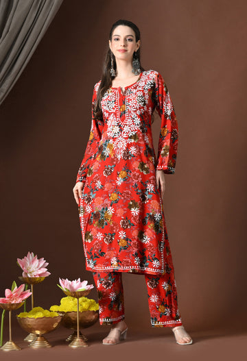 Ruby Garden Hand-Embroidered Chikankari Suit Set