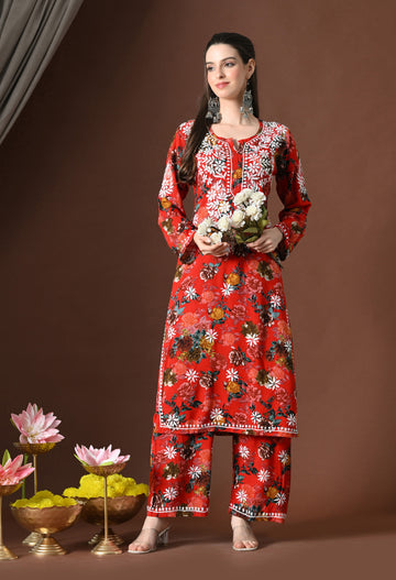 Floral Bliss Hand-Embroidered Rayon Chikankari Set – Red, White & Green