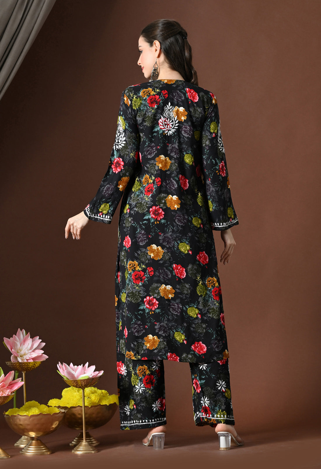 Floral Bliss Hand-Embroidered Rayon Chikankari Set – Black, White & Red