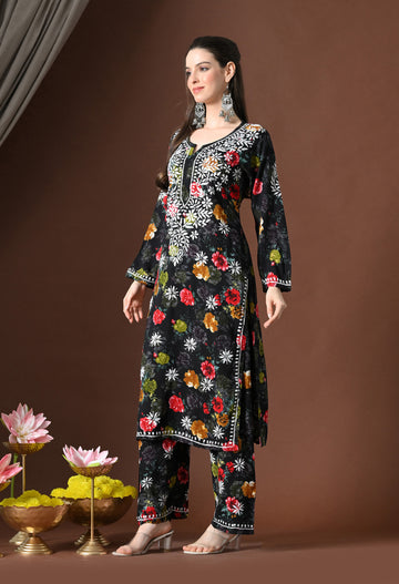 Floral Bliss Hand-Embroidered Rayon Chikankari Set – Black, White & Red