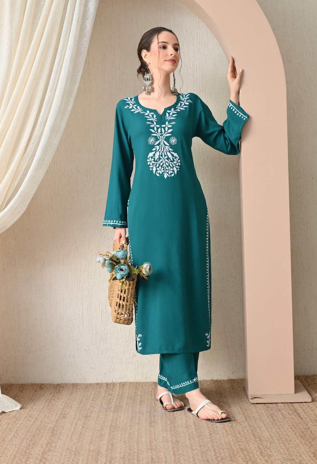 Hand-embroidered Lucknowi Chikankari Kurta Plazo Set –Teal Green