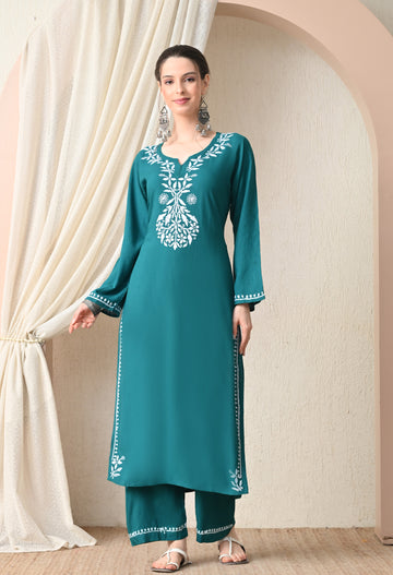 Hand-embroidered Lucknowi Chikankari Kurta Plazo Set –Teal Green