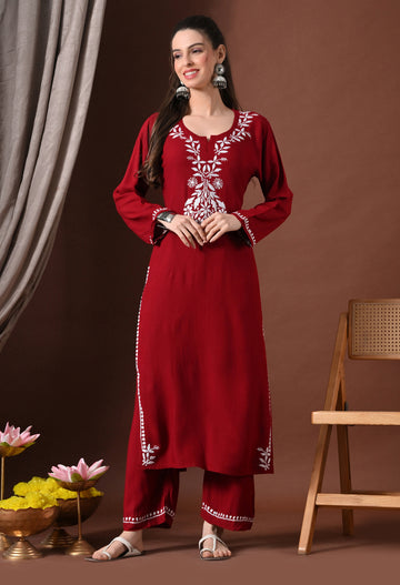 Hand-embroidered Lucknowi Chikankari Kurta Plazo Set –Maroon