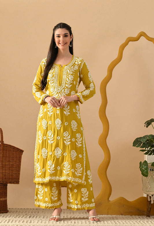 Hand Embroidered Chikankari Slub Rayon Plazo Set 3d Work-Yellow