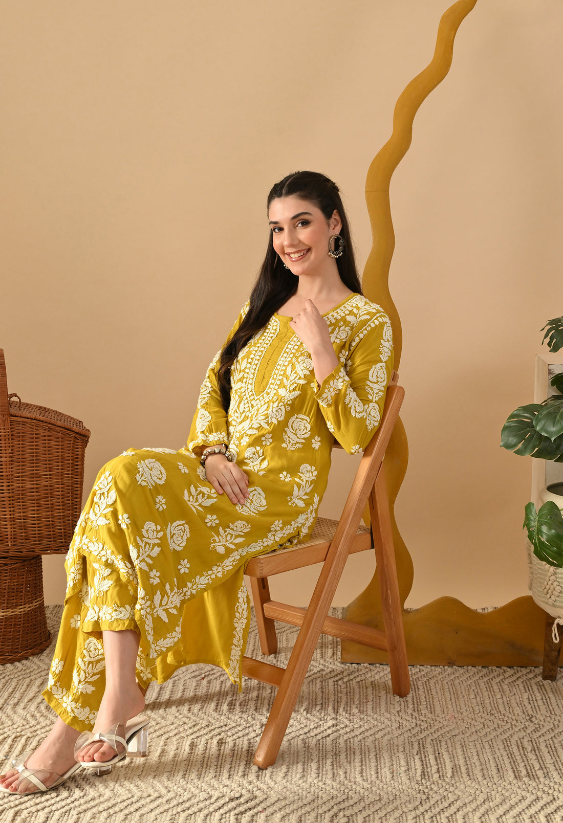 Hand Embroidered Chikankari Slub Rayon Plazo Set 3d Work-Yellow
