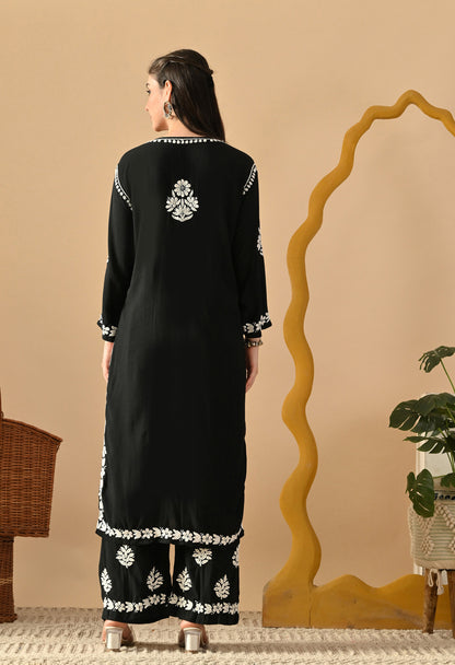 Hand Embroidered Chikankari Rayon Plazo Set 3d Work- Black
