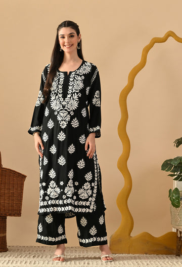 Hand Embroidered Chikankari Rayon Plazo Set 3d Work- Black